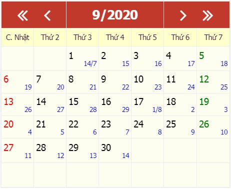 LỊCH TRỤC THÁNG 9